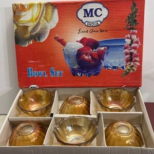 MC India Glass Bowl Set Vtg Set 6 Small Amber Flashed Textured Swirl Glass Bowls